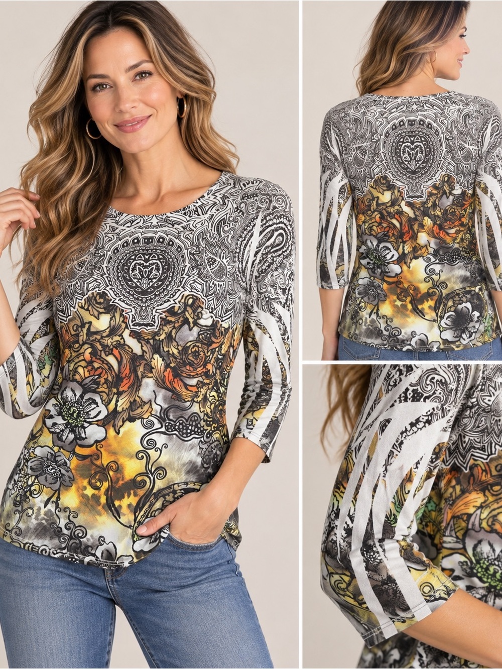 Coldwater Creek Black, White & Gold Paisley Floral Long Sleeve Tee